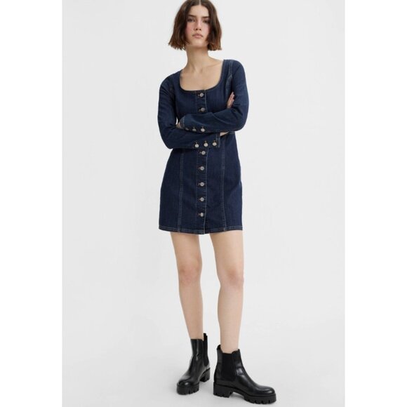 Levi's Womens Size Medium Veda Dark Blue Wash Slim Mini Dress Two Horses NWT - Picture 1 of 6
